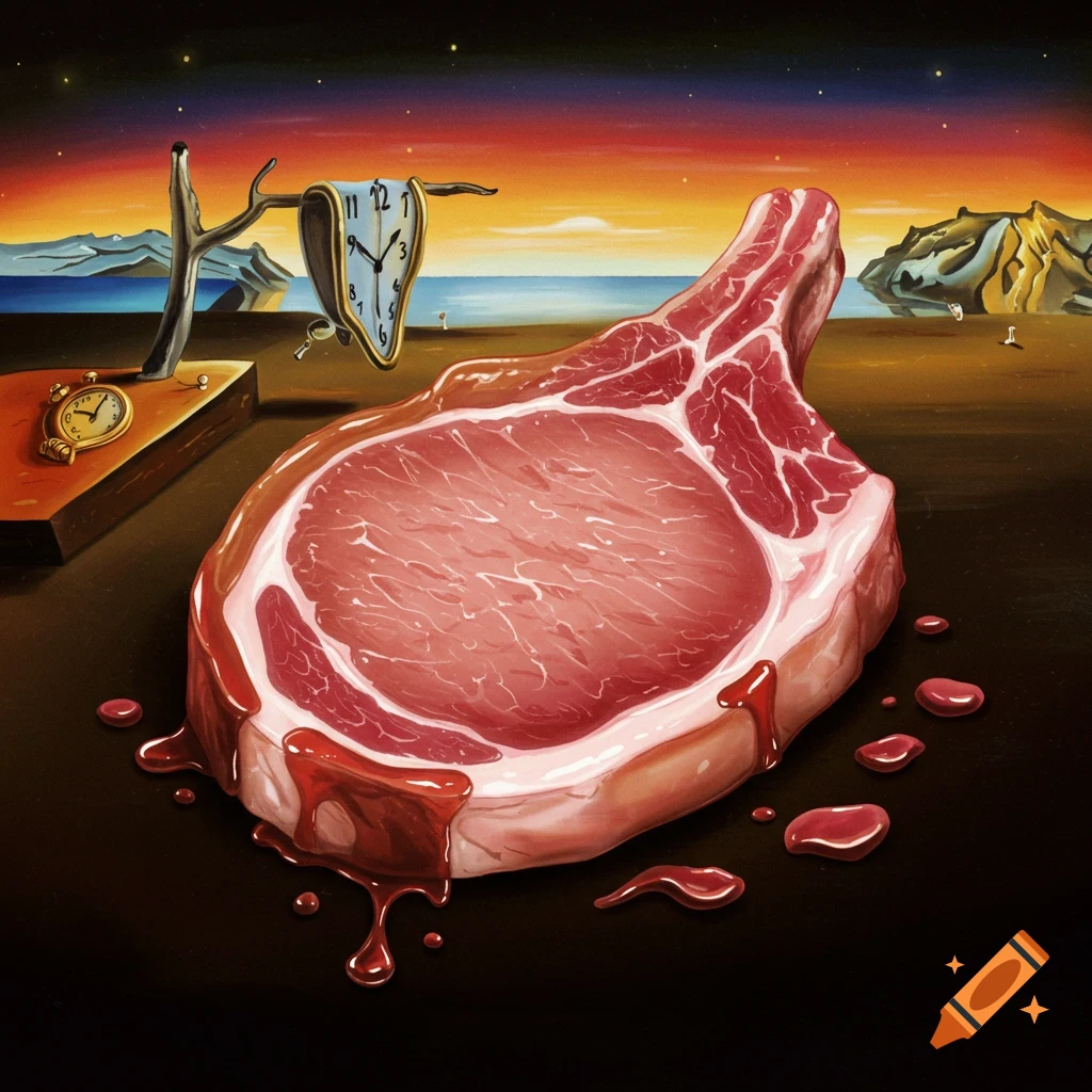 A pork chop in a surreal landscape with melting clocks, in the style of Salvador Dali.