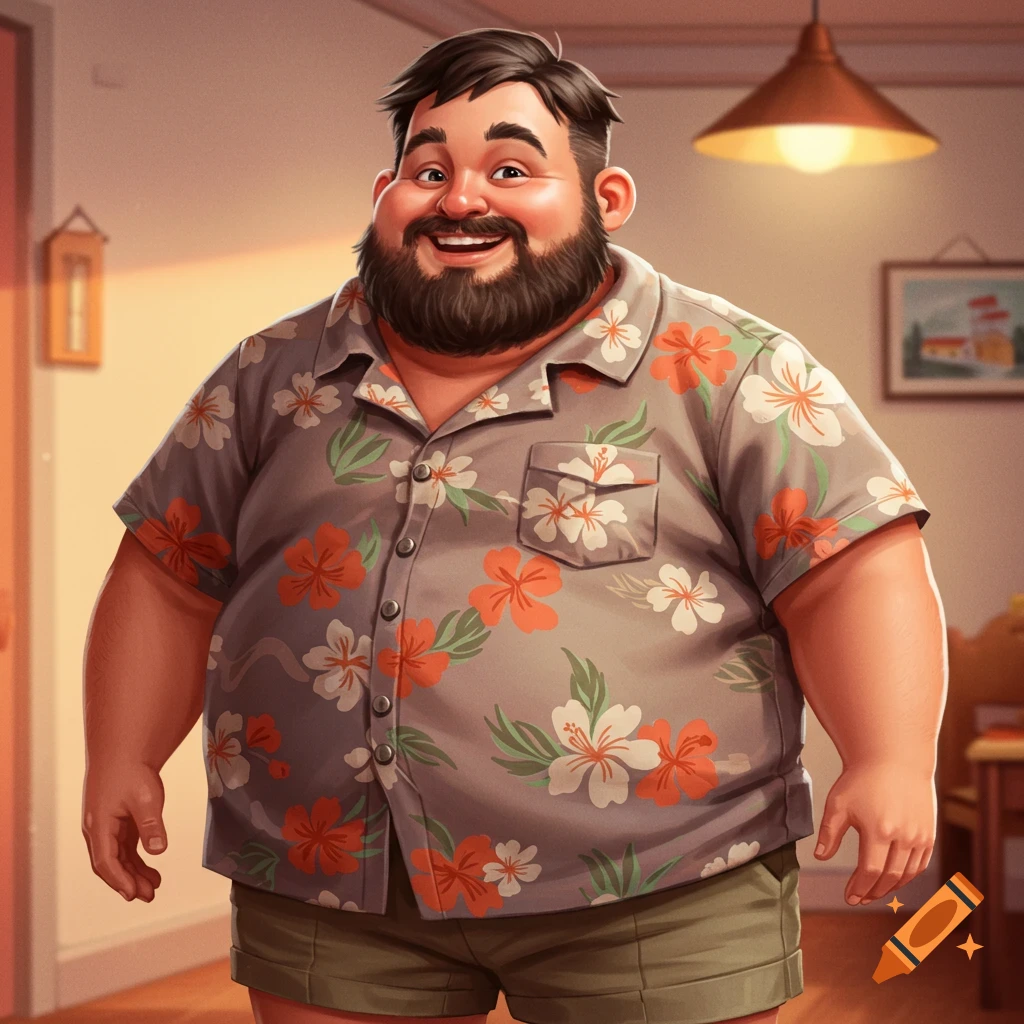 A smiling cartoon man wearing a floral shirt and shorts.