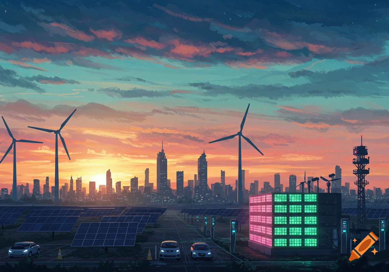 Renewable energy installations (solar panels, wind turbines) and electric cars in front of a cityscape at sunset.