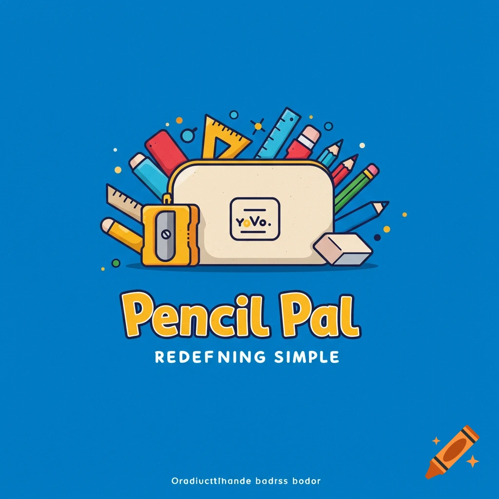 Cartoon illustration of a pencil case and school supplies on blue background with text 'Pencil Pal Redefining Simple'
