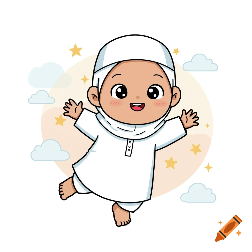 Cheerful cartoon Muslim baby in white clothes floats among clouds and stars.