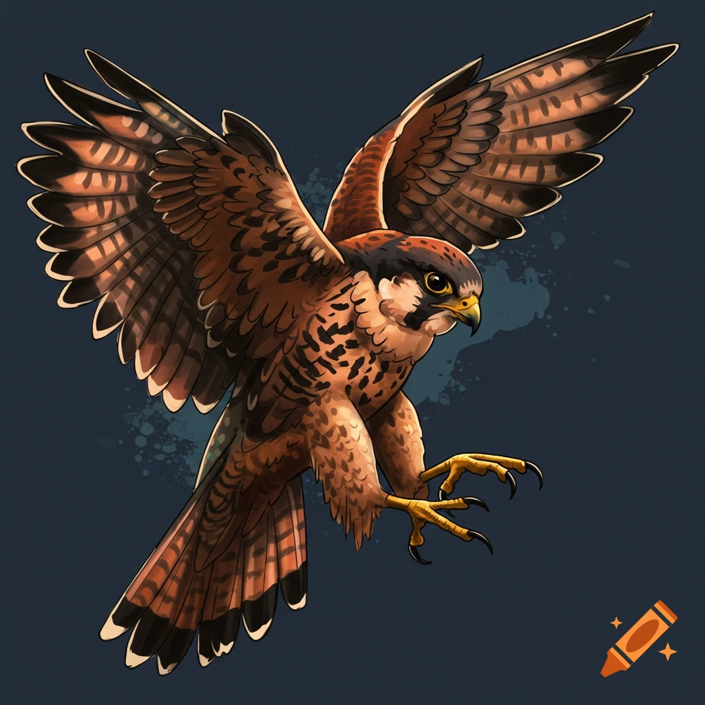A falcon descends with wings spread and talons extended.
