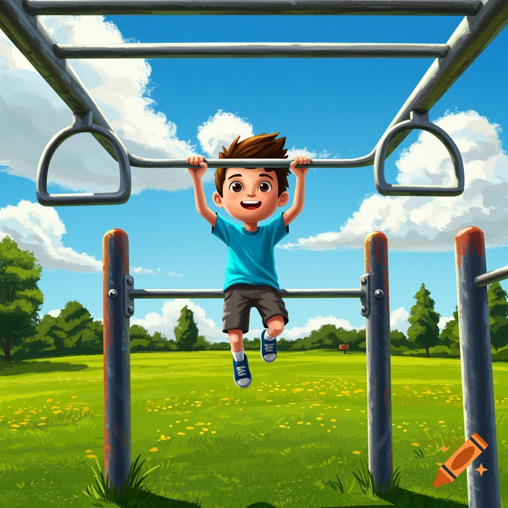 Cartoon boy swings on monkey bars in a sunny park.