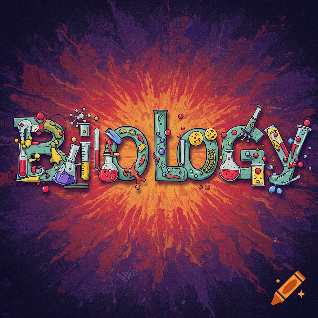 The word Biology spelled out with science lab equipment