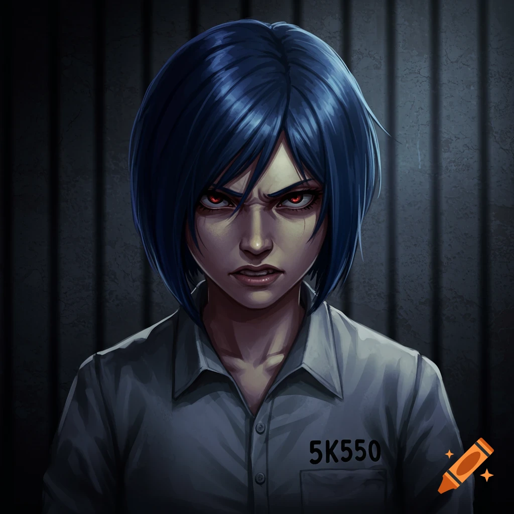 A character with blue hair and red eyes is shown in a prison uniform with '5K550' on the pocket, looking intense.