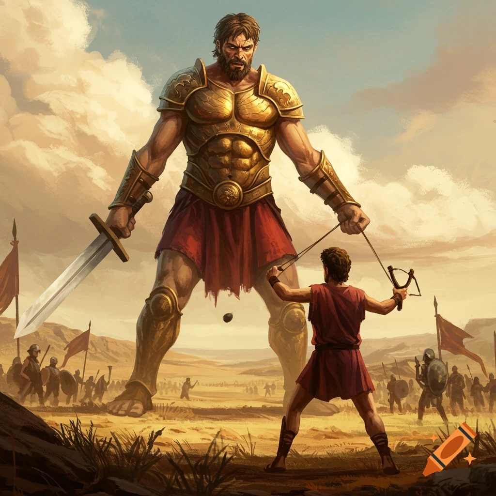 A giant warrior in golden armor faces a small man with a sling in a desert landscape, depicting David and Goliath.