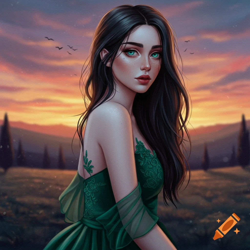 A young woman with dark hair and blue eyes in a green dress standing in a field at sunset.