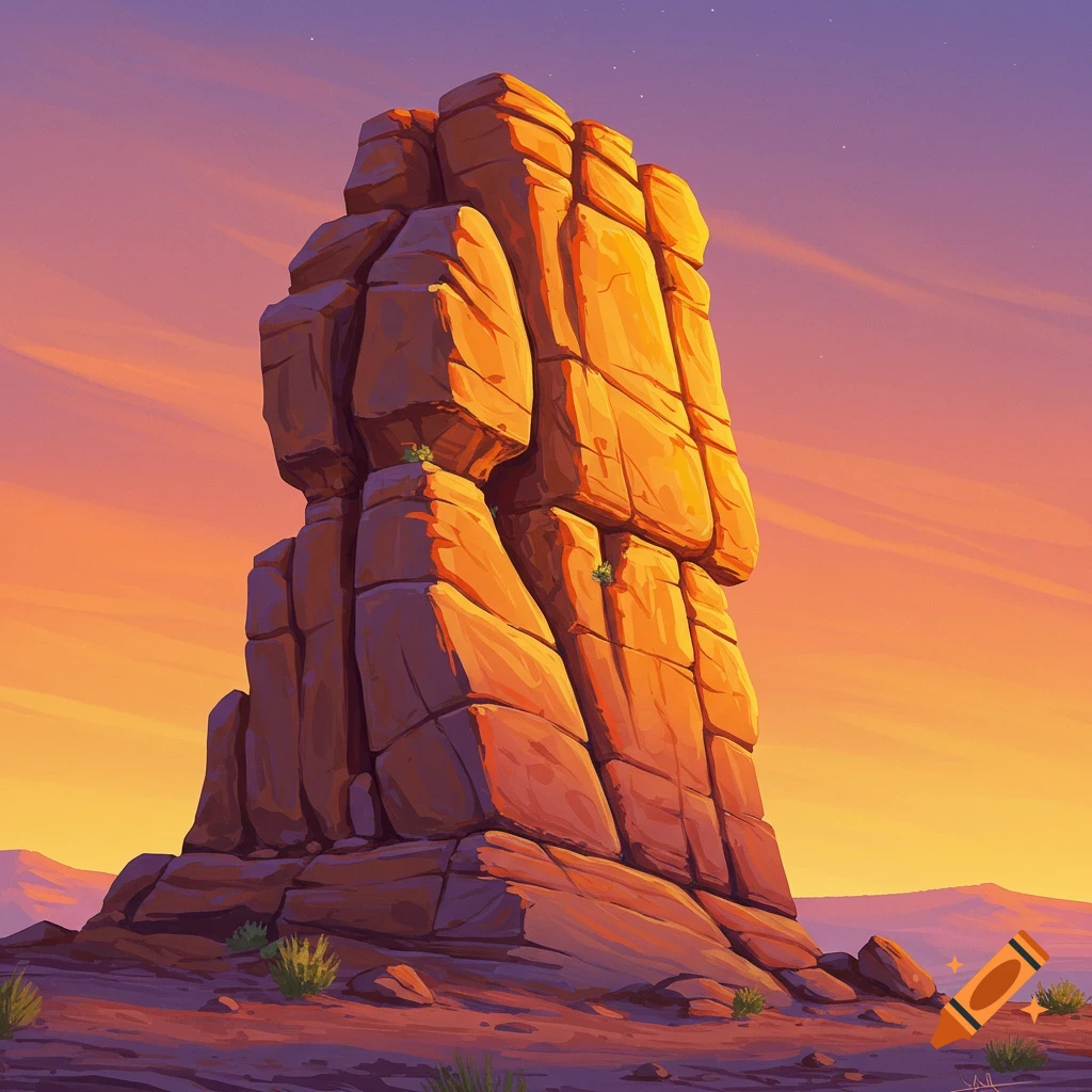 A large rock formation stands in a desert landscape at sunset or sunrise