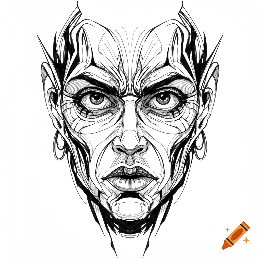 Black and white line art sketch of a stylized face