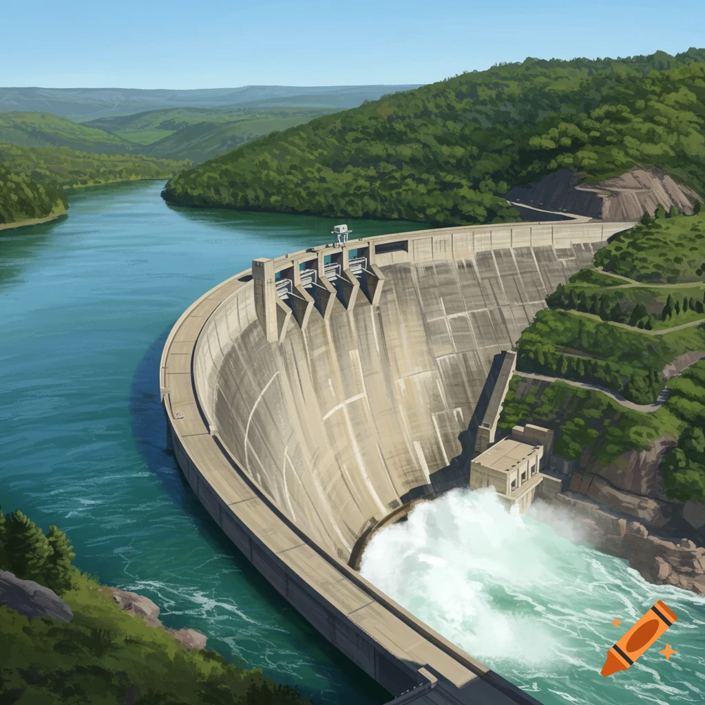Concrete dam releasing water into a river, surrounded by green hills.