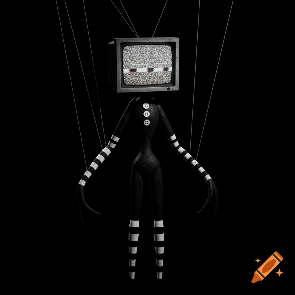 Black and white digital art of a marionette with a static TV for a head against a black background.