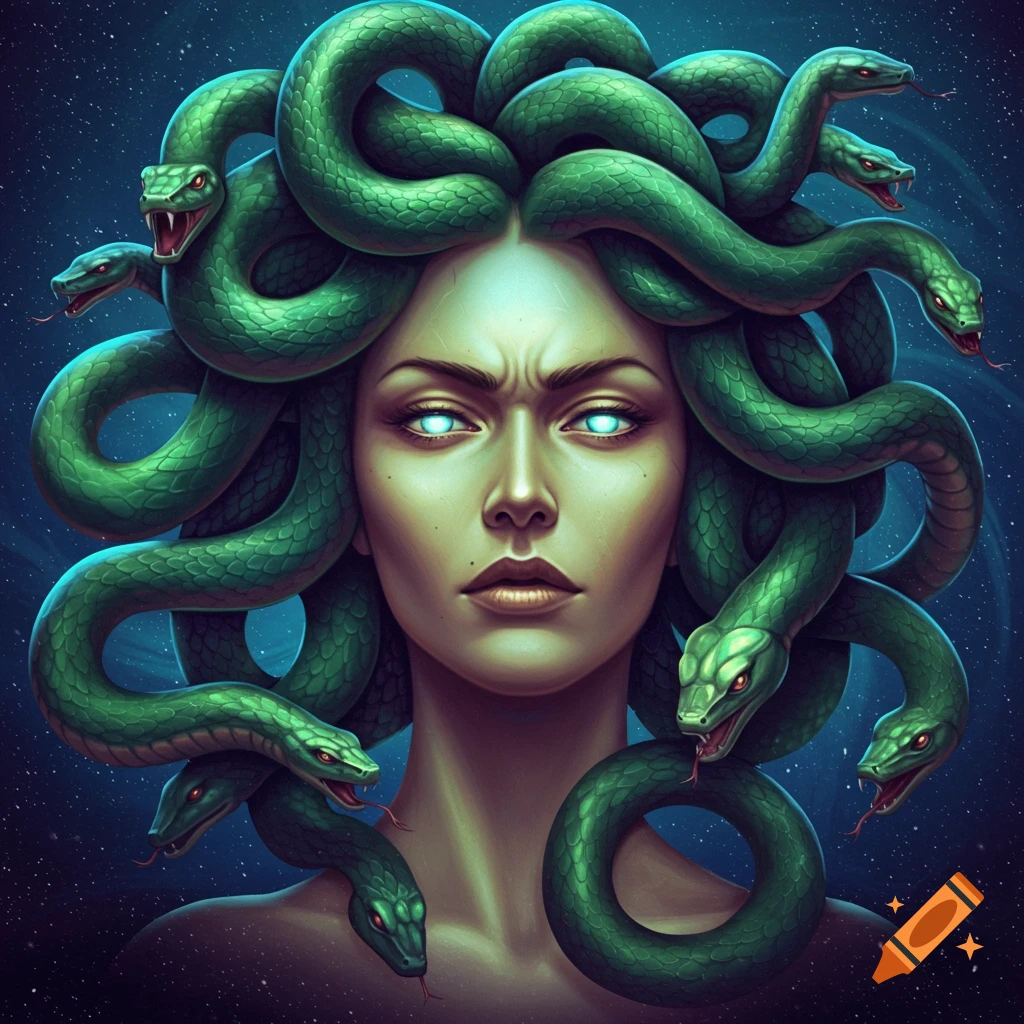 Medusa with glowing eyes and snakes for hair.