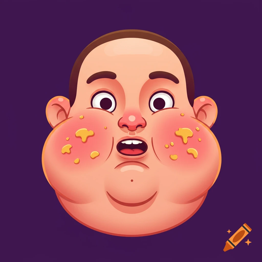 Vector illustration of an obese face with many chins and crumbs