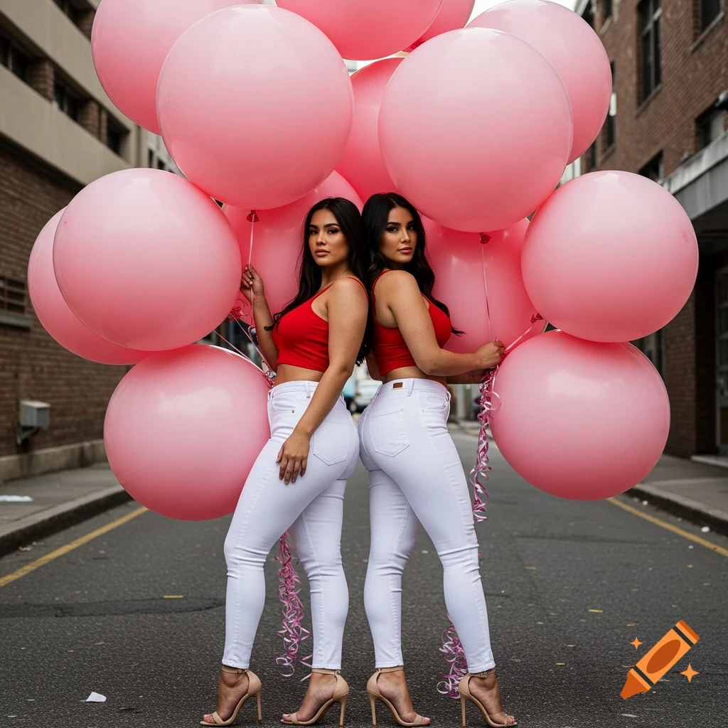 Two women in red crop tops and white jeans stand back-to-back in a street holding many large pink balloons.