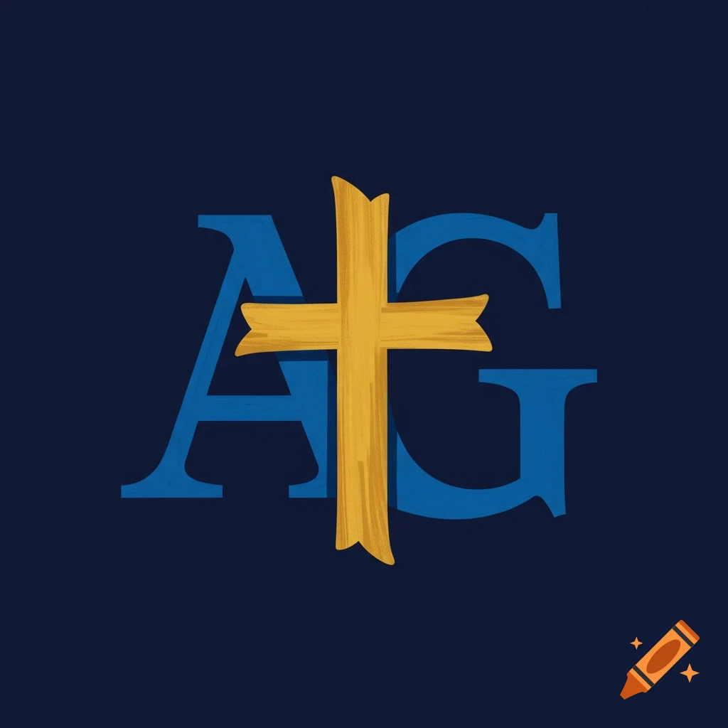 Blue letters A and G with a golden cross overlaid on a dark blue background.