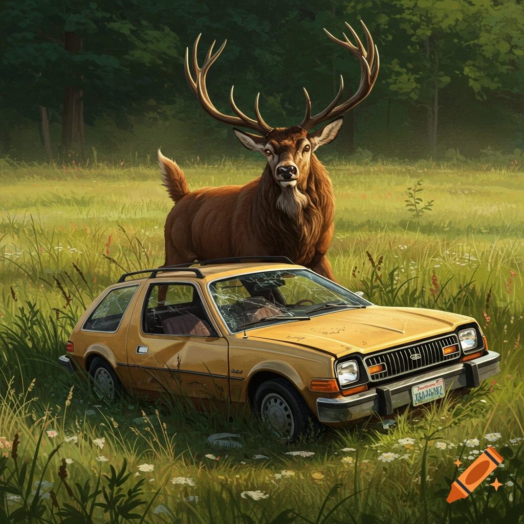 A large stag stands behind a damaged yellow car in a meadow.