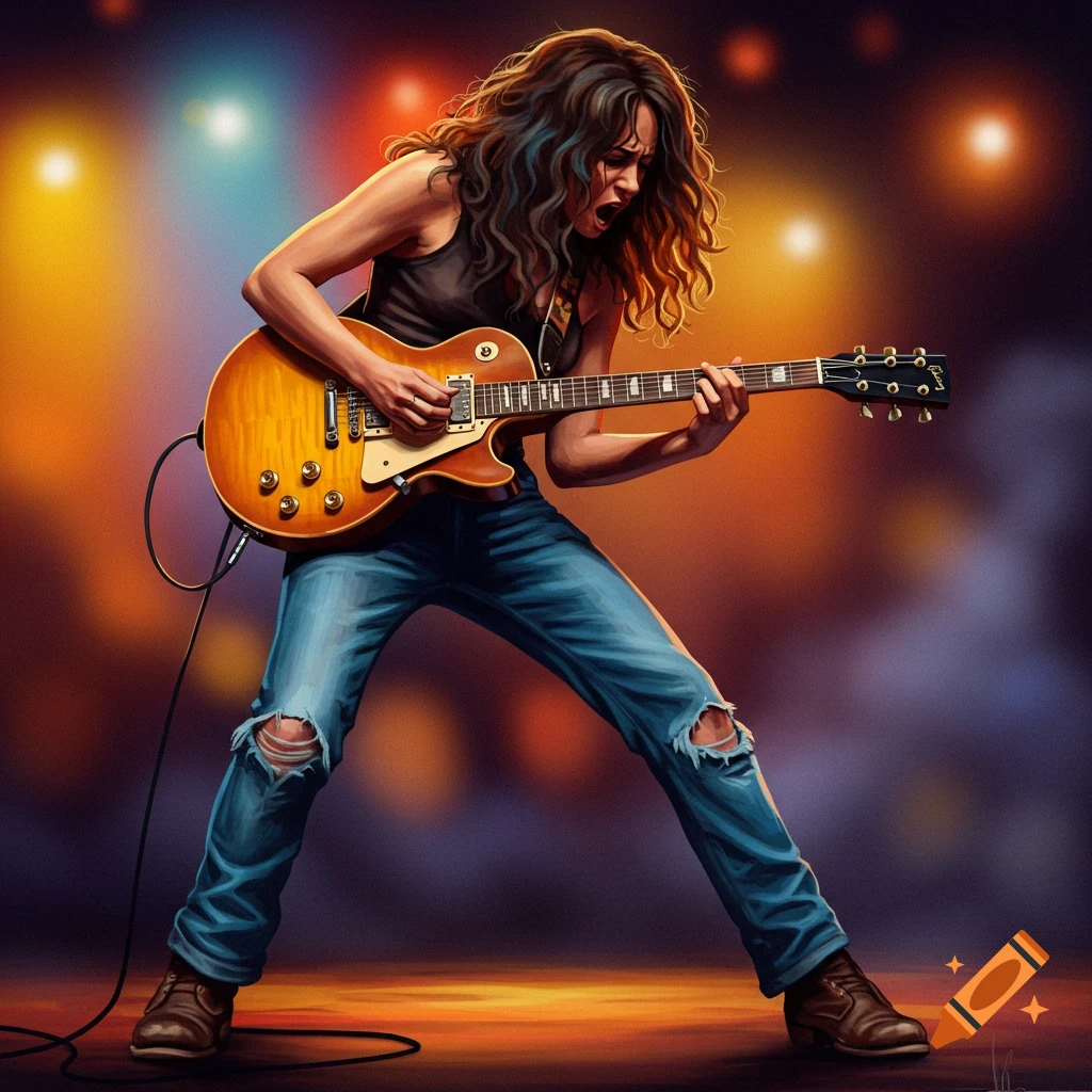 A woman plays a Gibson Les Paul electric guitar on stage.