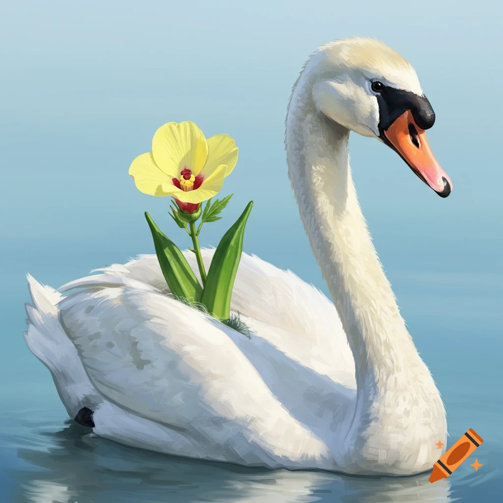 A swan with an okra flower on its back