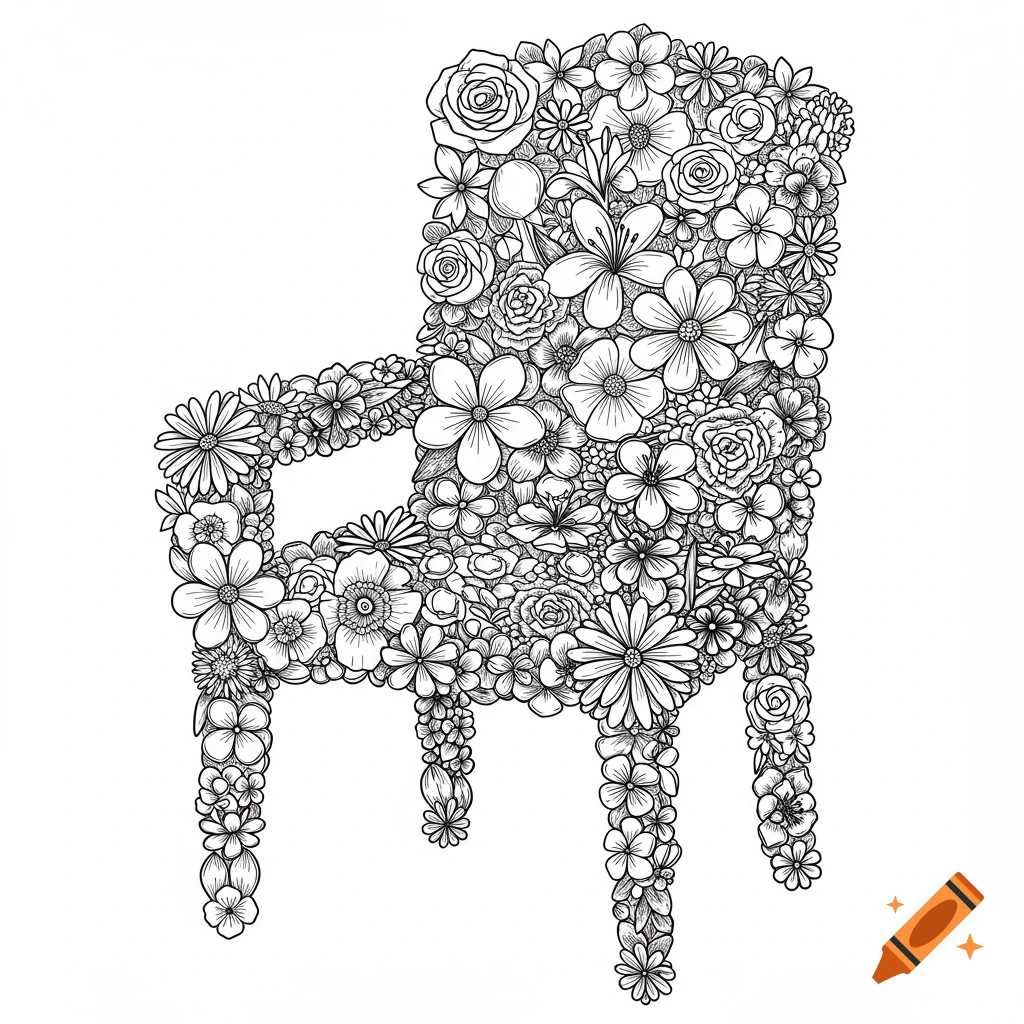 Black and white line drawing of a chair made entirely of flowers.