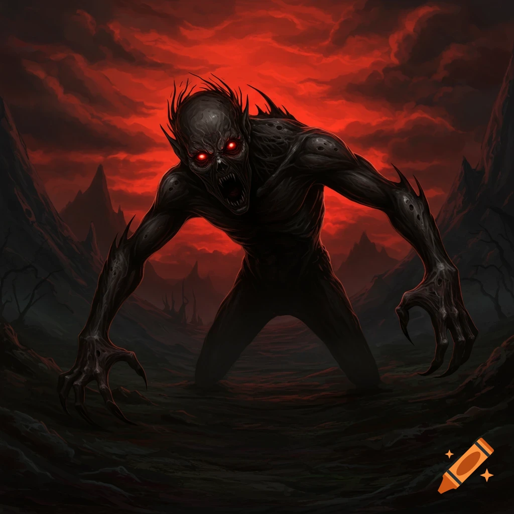 A terrifying dark creature with glowing red eyes and claws stands in a desolate landscape under a red sky.