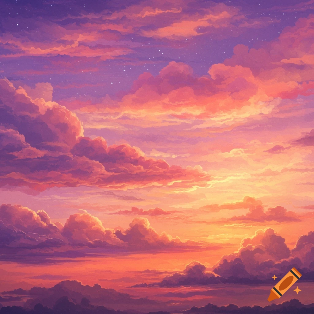 A vibrant sunset sky with pink, orange, and purple clouds and stars.