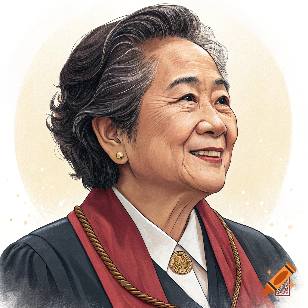 Stylized portrait of an older woman in robe and medallion