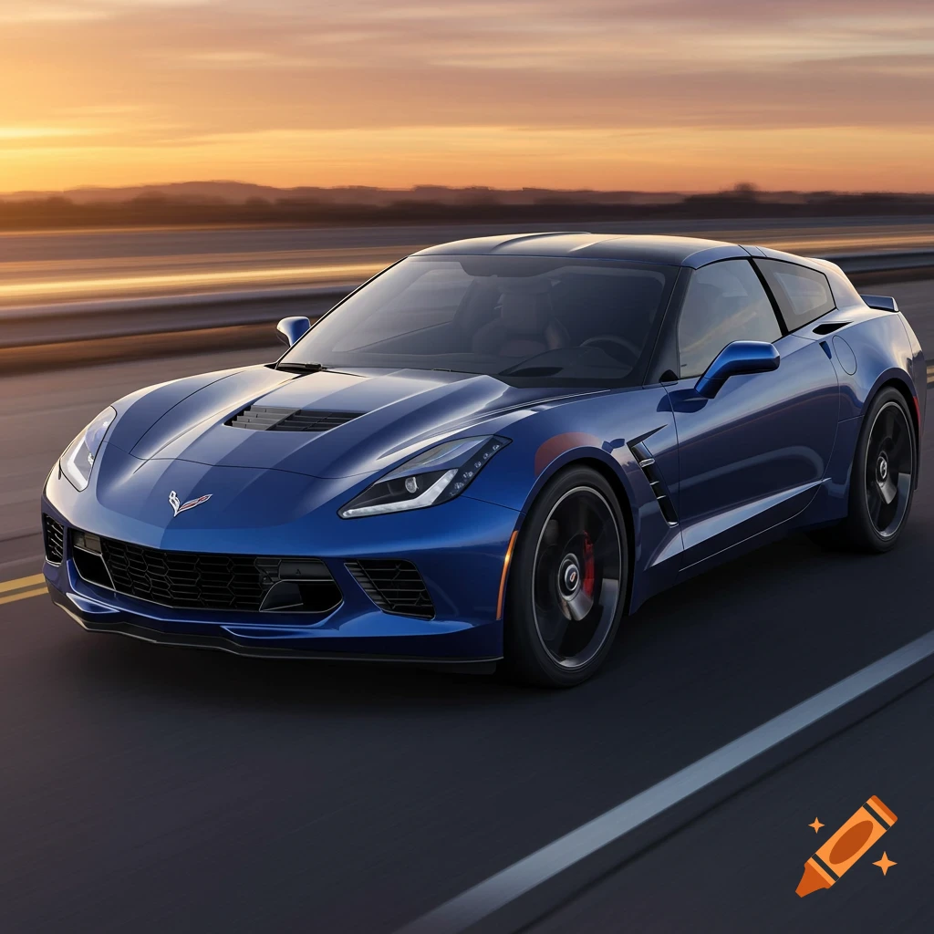 A blue Corvette sports car drives on a highway at sunset.