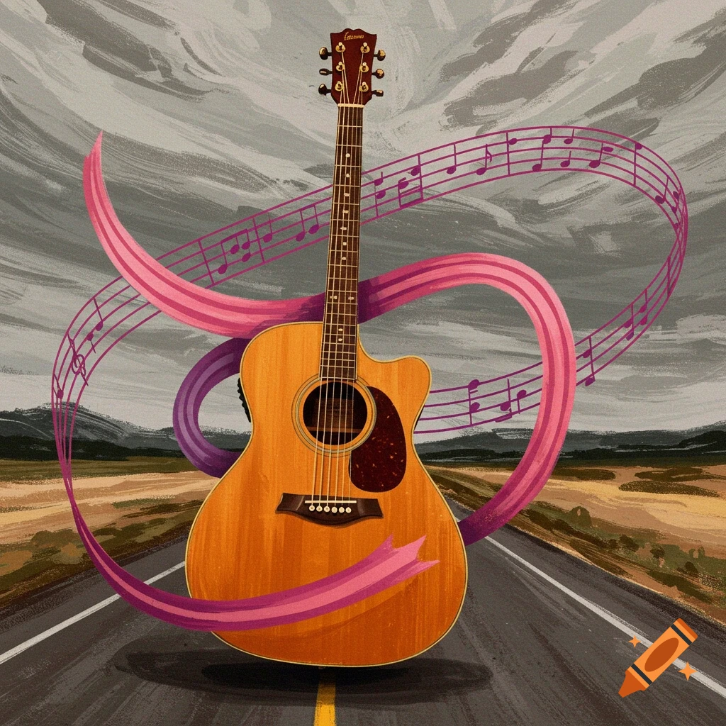 Acoustic guitar on a road with swirling music notes