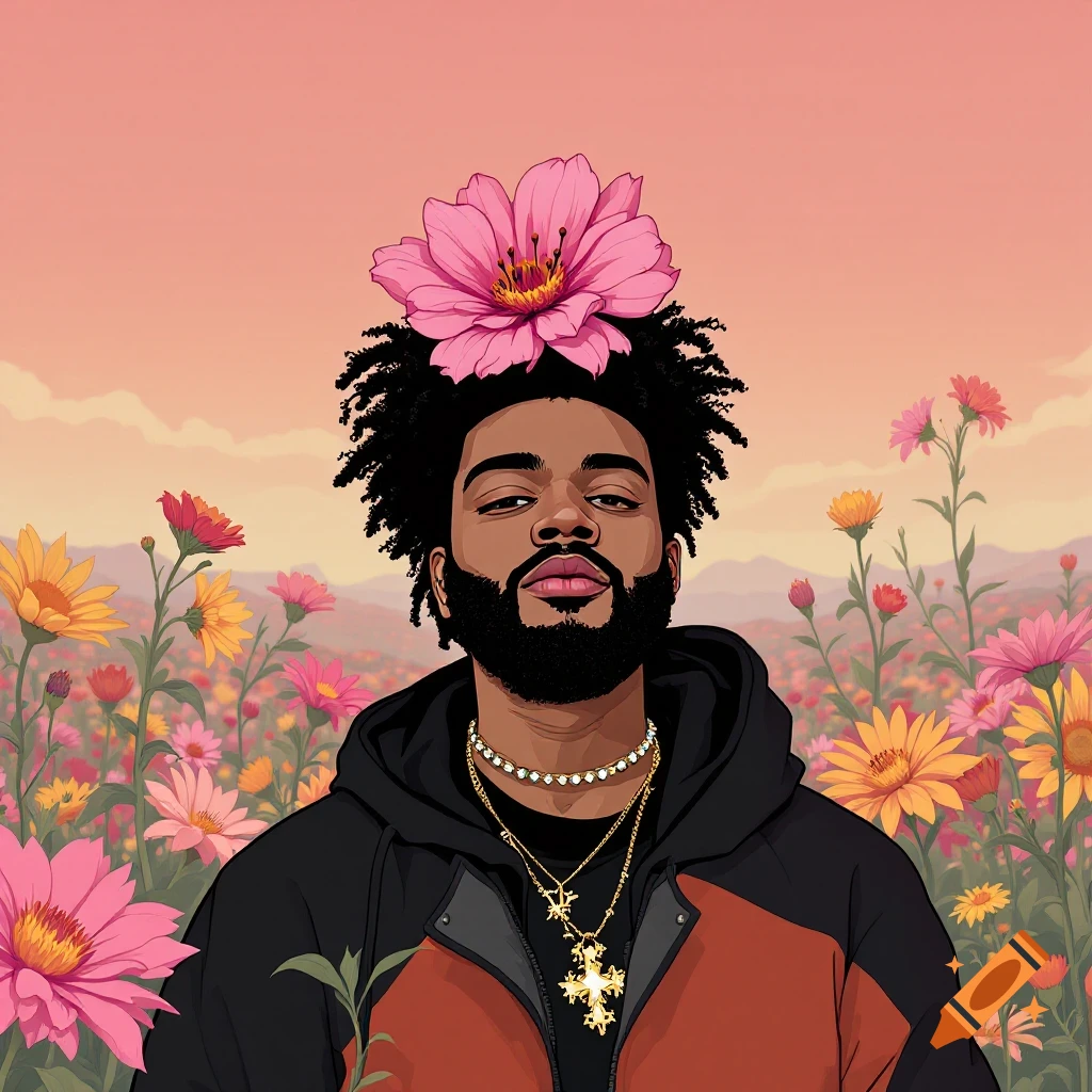 Stylized illustration of a person with a large pink flower on their head standing in a field of colorful flowers.