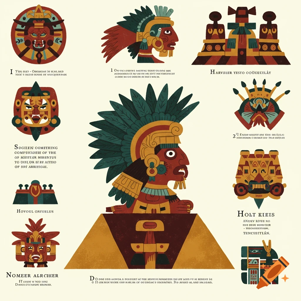 Stylized geometric illustrations of Aztec figures and symbols.