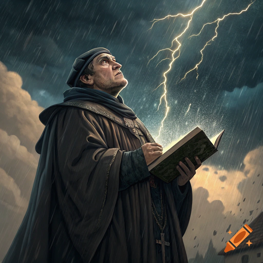 Man in historical robes looks at lightning during a thunderstorm, holding an illuminated book.