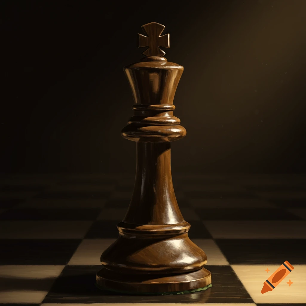 A dark wooden king chess piece on a chessboard