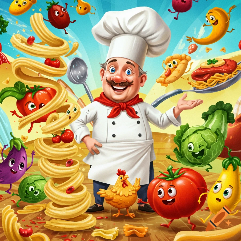 Cartoon chef surrounded by animated pasta, vegetables, and chicken characters in a kitchen scene.