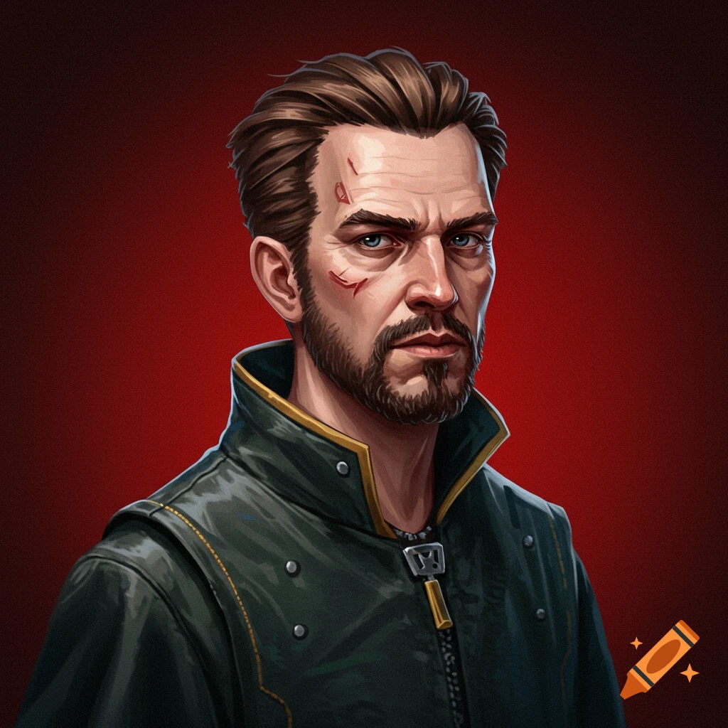 Portrait of a scarred man with a beard in a dark jacket.