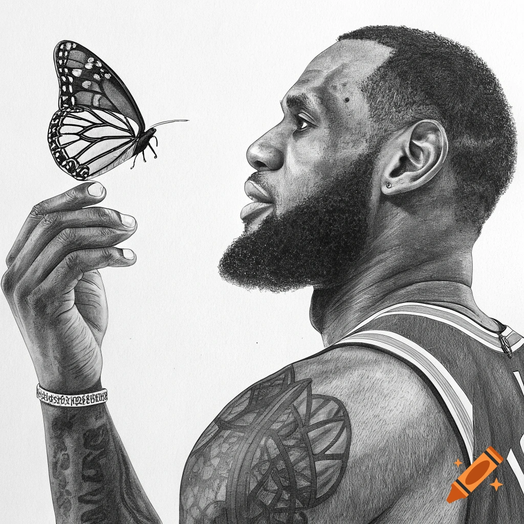 Detailed black and white drawing of LeBron James looking at a butterfly perched on his finger.