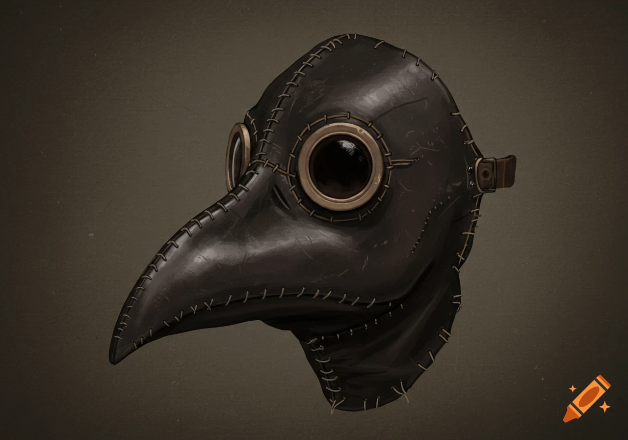 A black leather plague doctor mask with goggles.