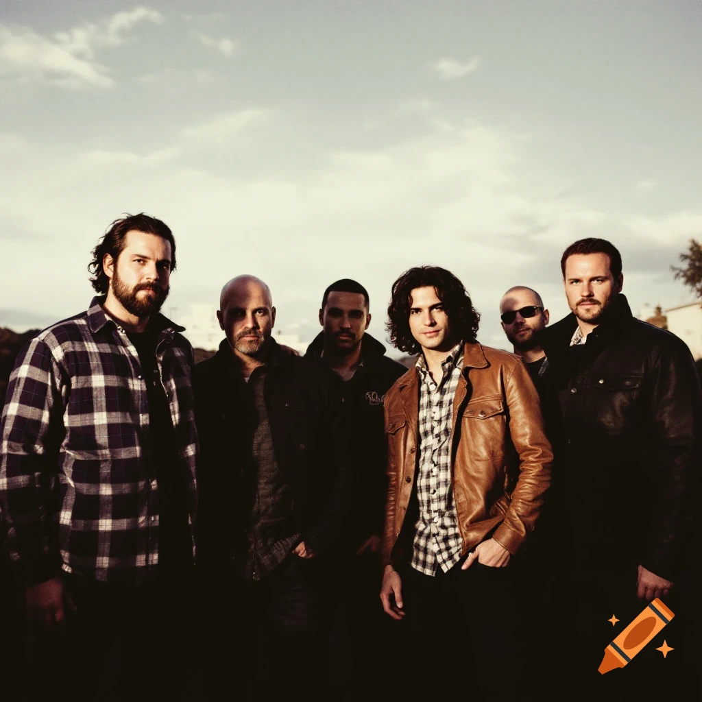 Six men pose outdoors with a cloudy sky background.