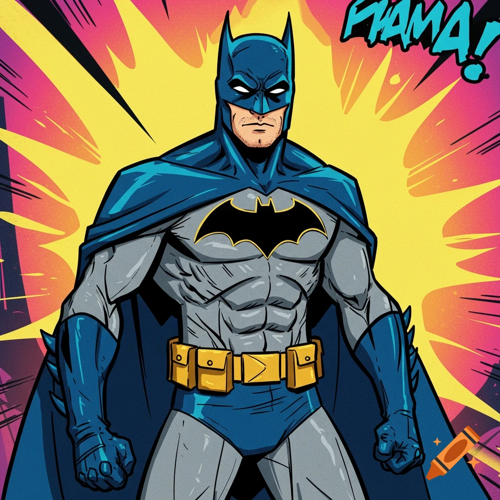 Comic book illustration of Batman standing heroically with a colorful background explosion.