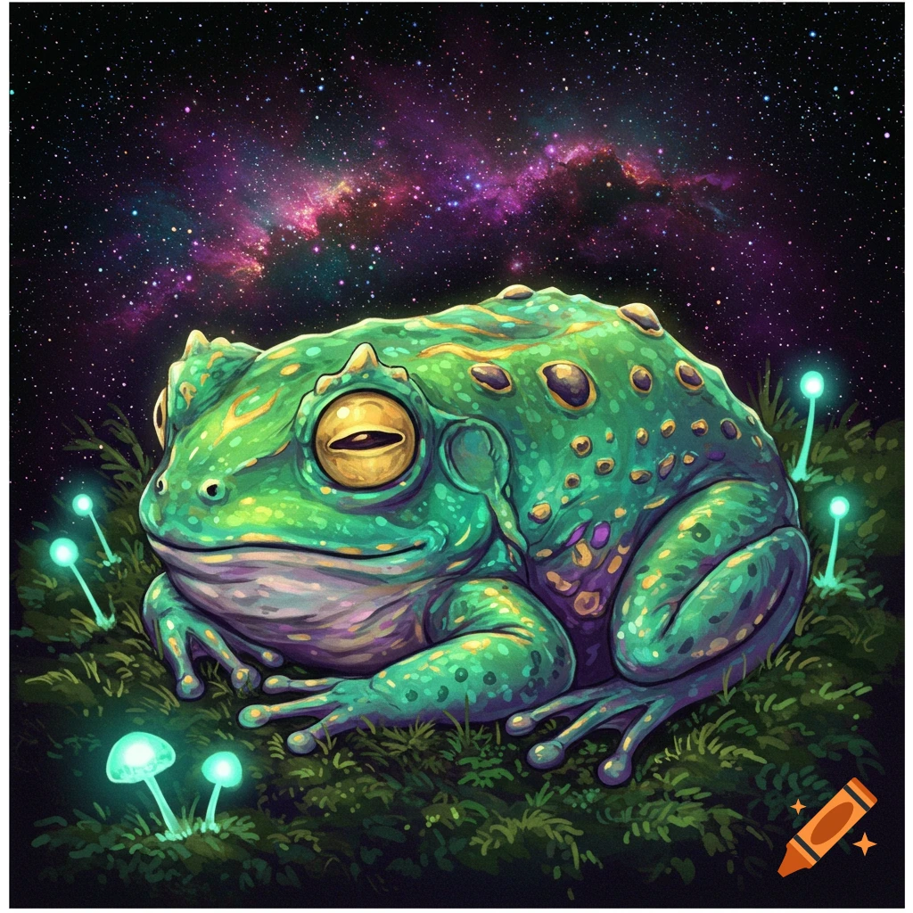 A green and yellow frog is sitting on moss with glowing mushrooms under a starry sky and nebula.