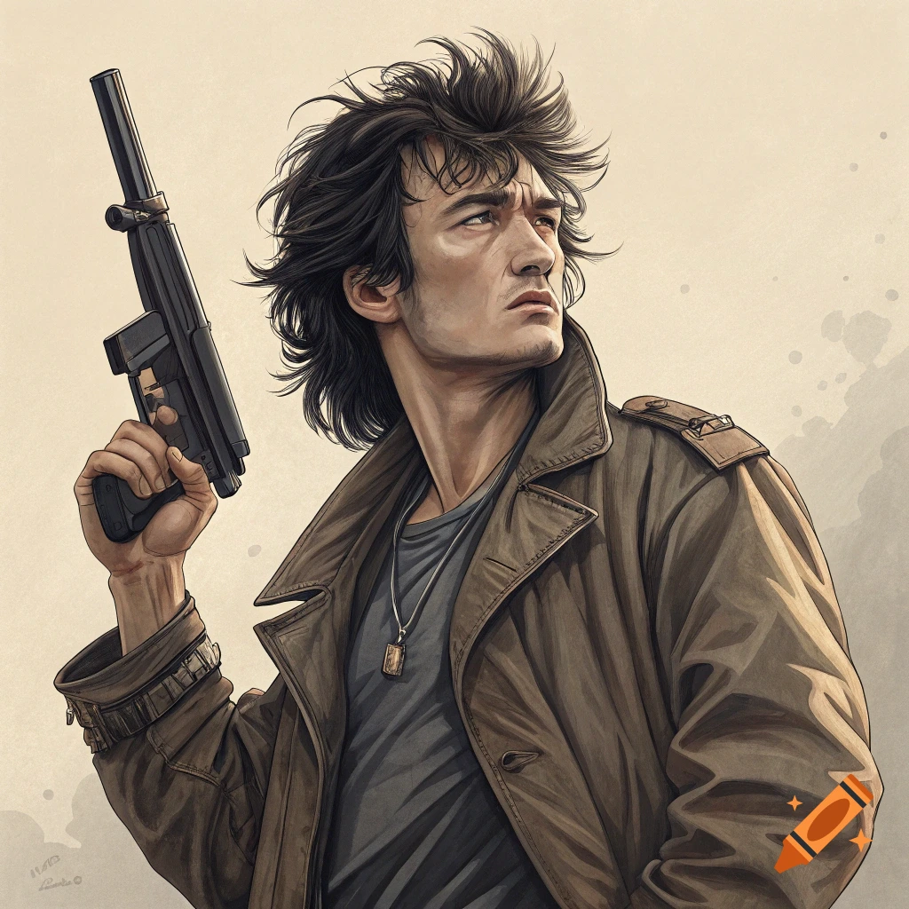 Illustration of a man resembling Viktor Tsoi in a trench coat holding a gun