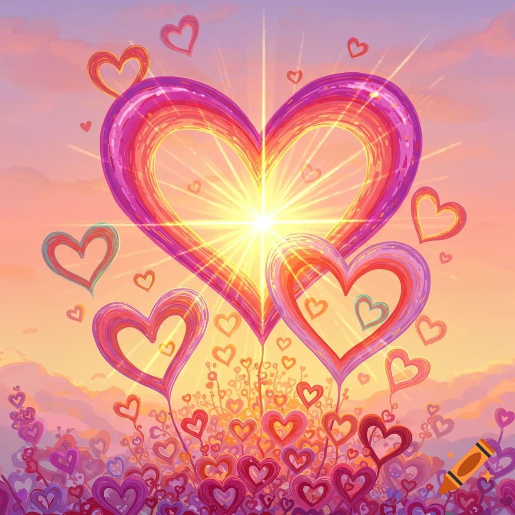 A large glowing heart in a sunrise sky, with smaller heart-shaped flowers below.