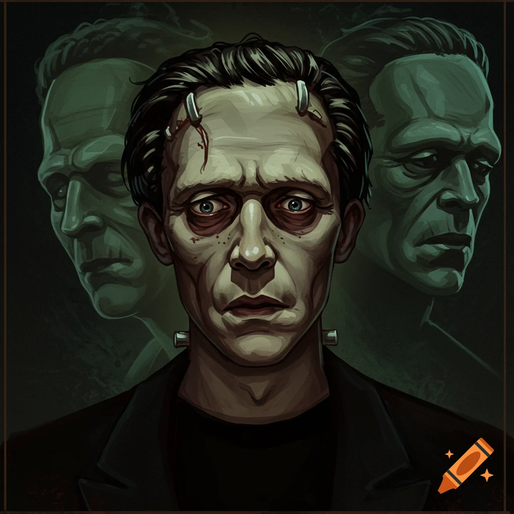 Frankenstein's monster's face with two shadowy figures behind him.
