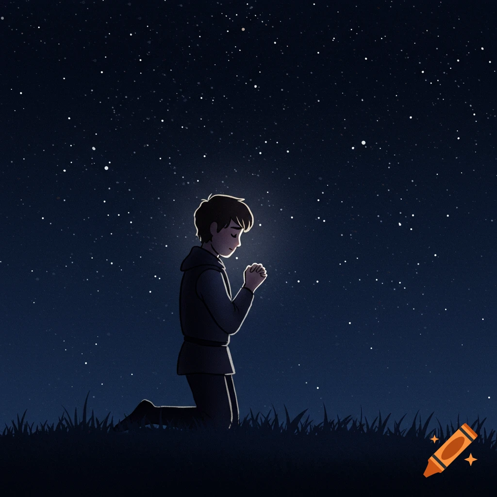 Stylized illustration of a young person kneeling and praying under a starry night sky
