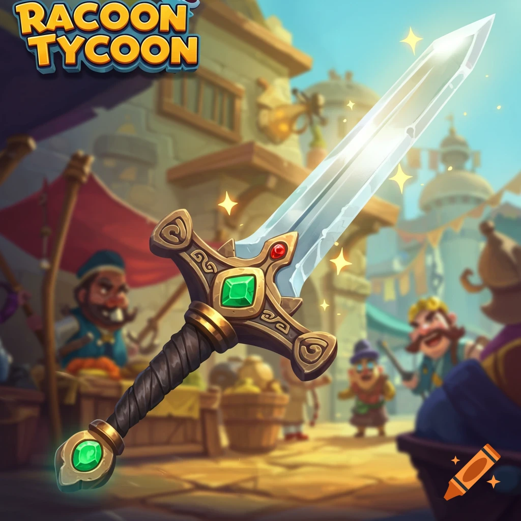 A stylized fantasy sword with green and red gems floats in a busy market scene with cartoon characters.