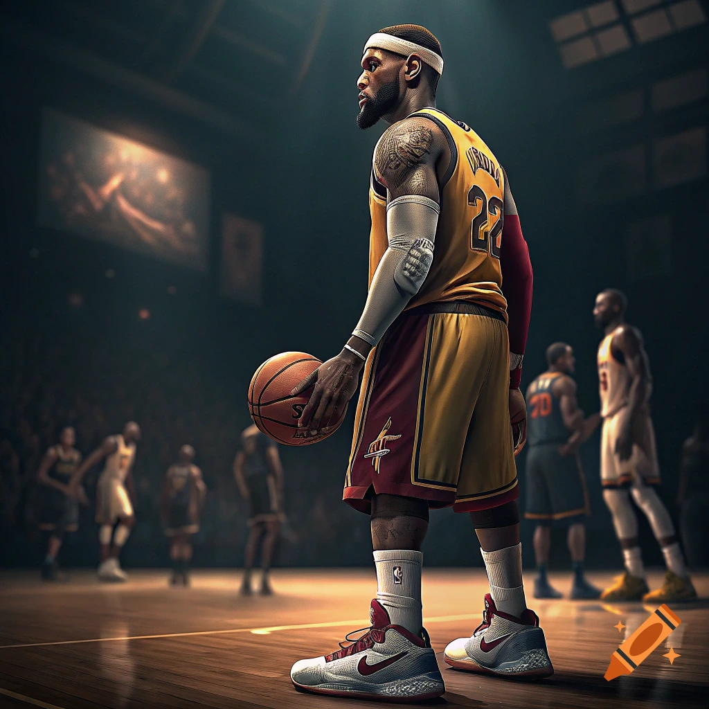 A photorealistic image of a basketball player in a gold and maroon jersey holding a ball on a court.