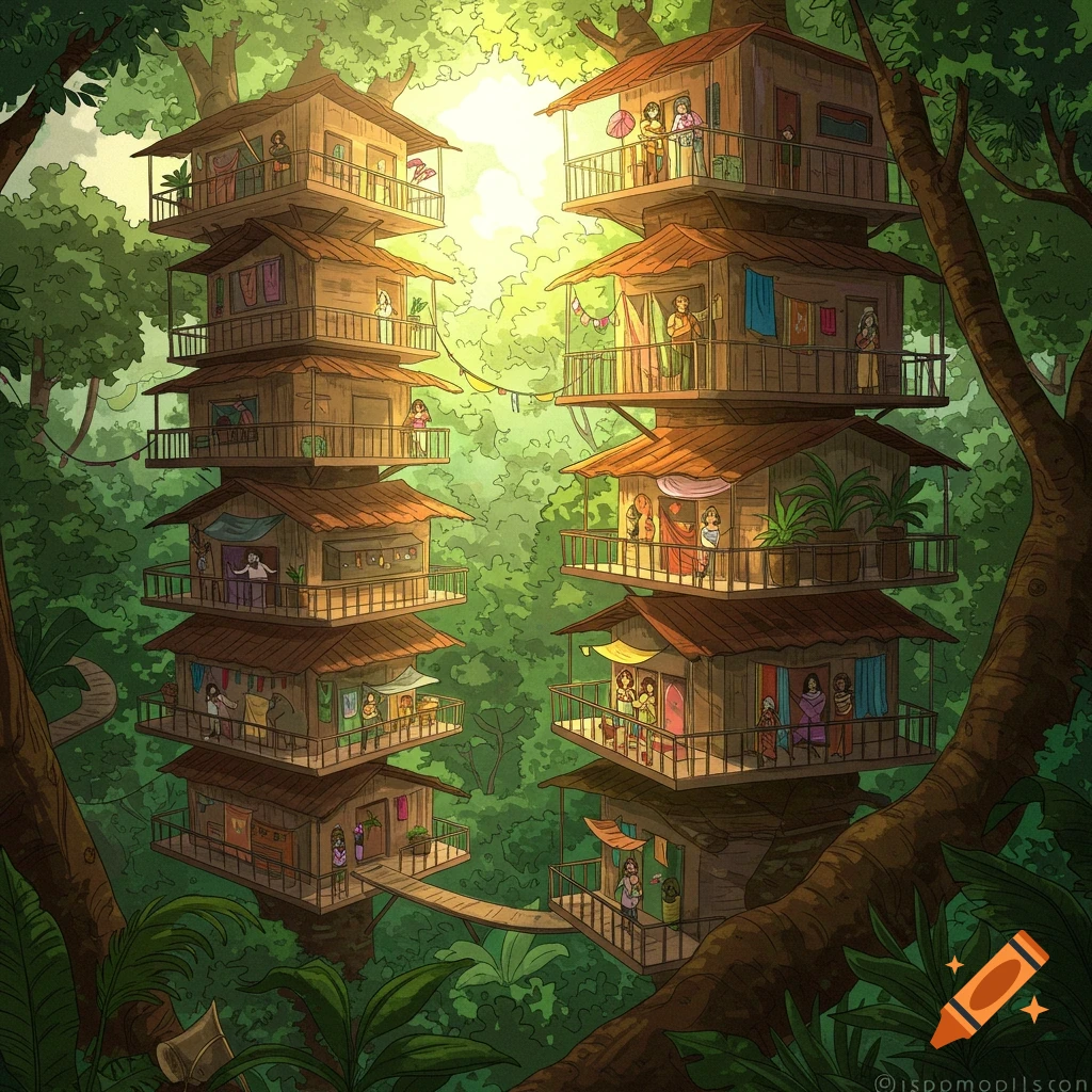 Illustration of tall, multi-story treehouses in a lush tropical forest with people on balconies and bridges.