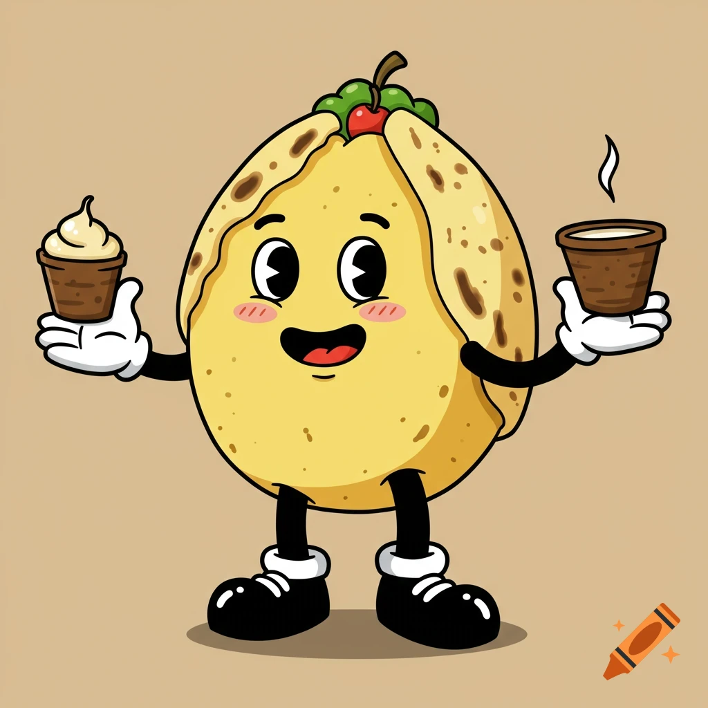 Cartoon arepa mascot with cartoon gloves, holding a cup and another small item.