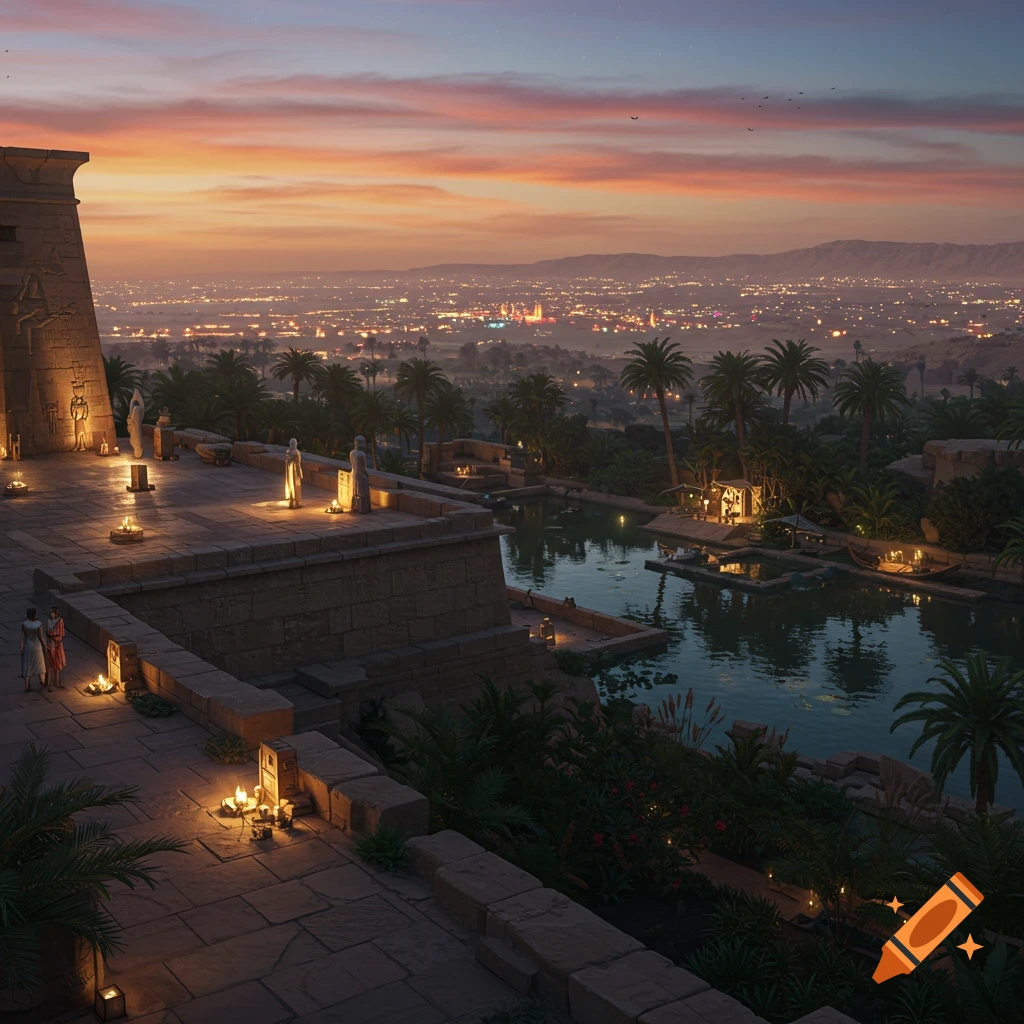 Photorealistic ancient Egyptian temple complex overlooking a city at sunset with pond and palm trees.