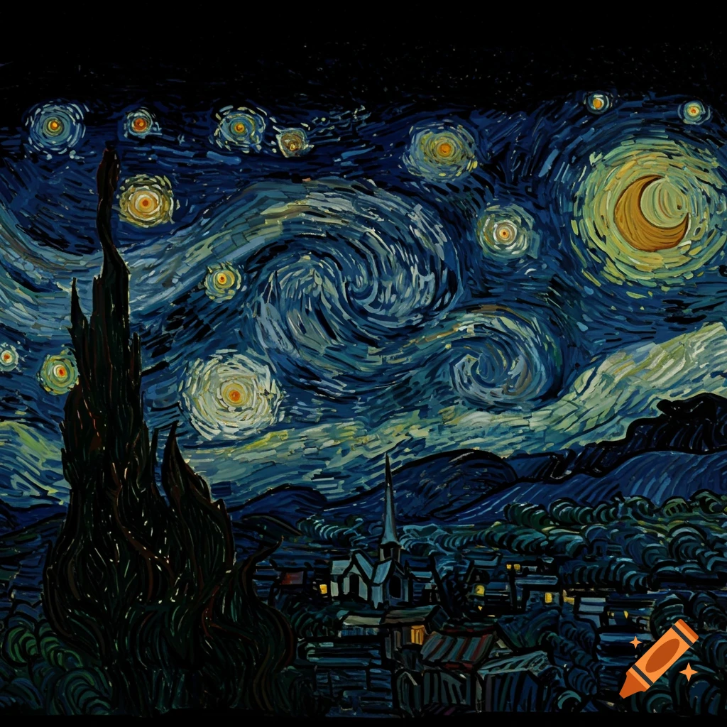 A painting in the style of Van Gogh's Starry Night showing a village under a swirling night sky with bright stars and a moon.
