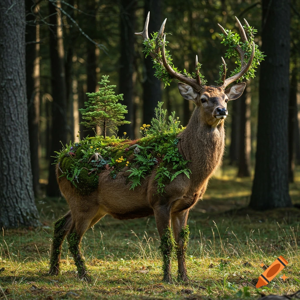 A deer stands in a forest, covered in moss, ferns, flowers, and a small tree growing on its back, in a photorealistic style.